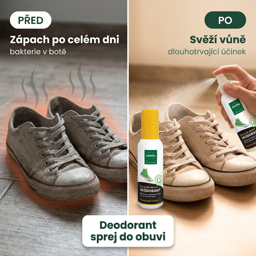 Sprej do obuvi deodorant před a po – od zápachu ke svěží vůni